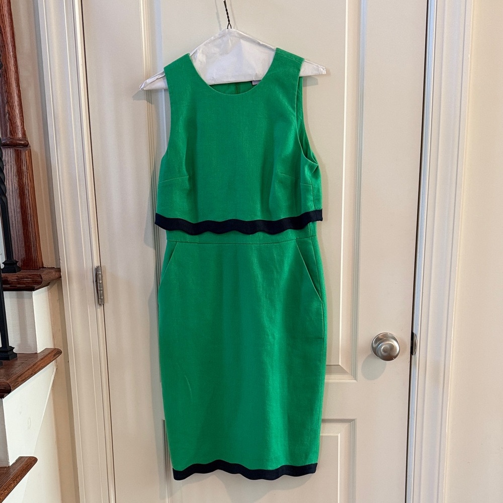 J. Crew Green Midi Sheath Dress with Navy Trim. Pockets. Linen.